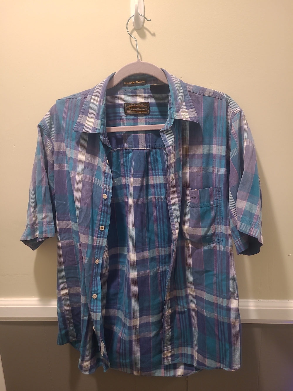 Vintage Eddie Bauer Shirt Men Medium Purple Green Blue Pocket Outdoor Casual